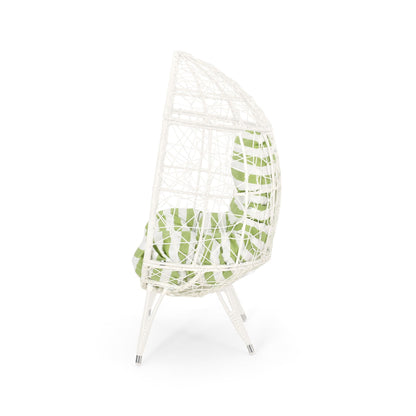 Cosmos Teardrop Chair, white hammered iron frame with green striped cushion, outdoor accent on Tampa Home & Garden Store