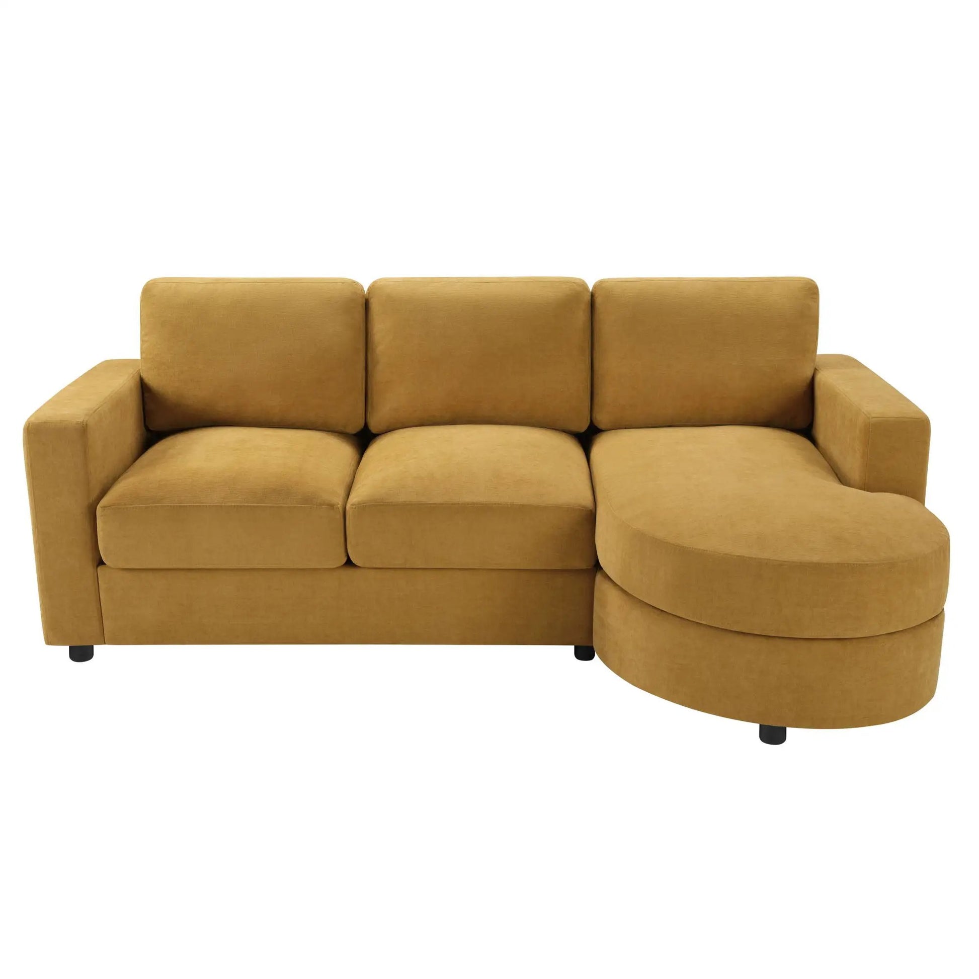 Mustard-yellow fabric stationary L-shaped sectional with curved chaise and plush cushions on Tampa Home & Garden Store