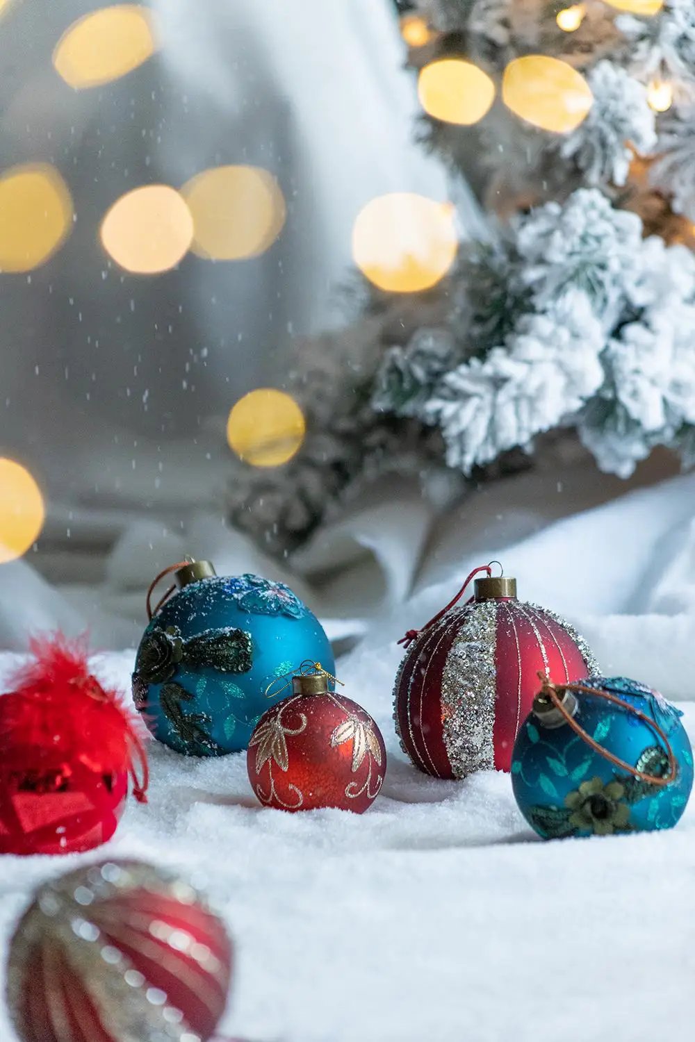 Christmas glass ball ornaments set of 5 blue and red with glitter by Unique Piece Furniture on Tampa Home & Garden Store