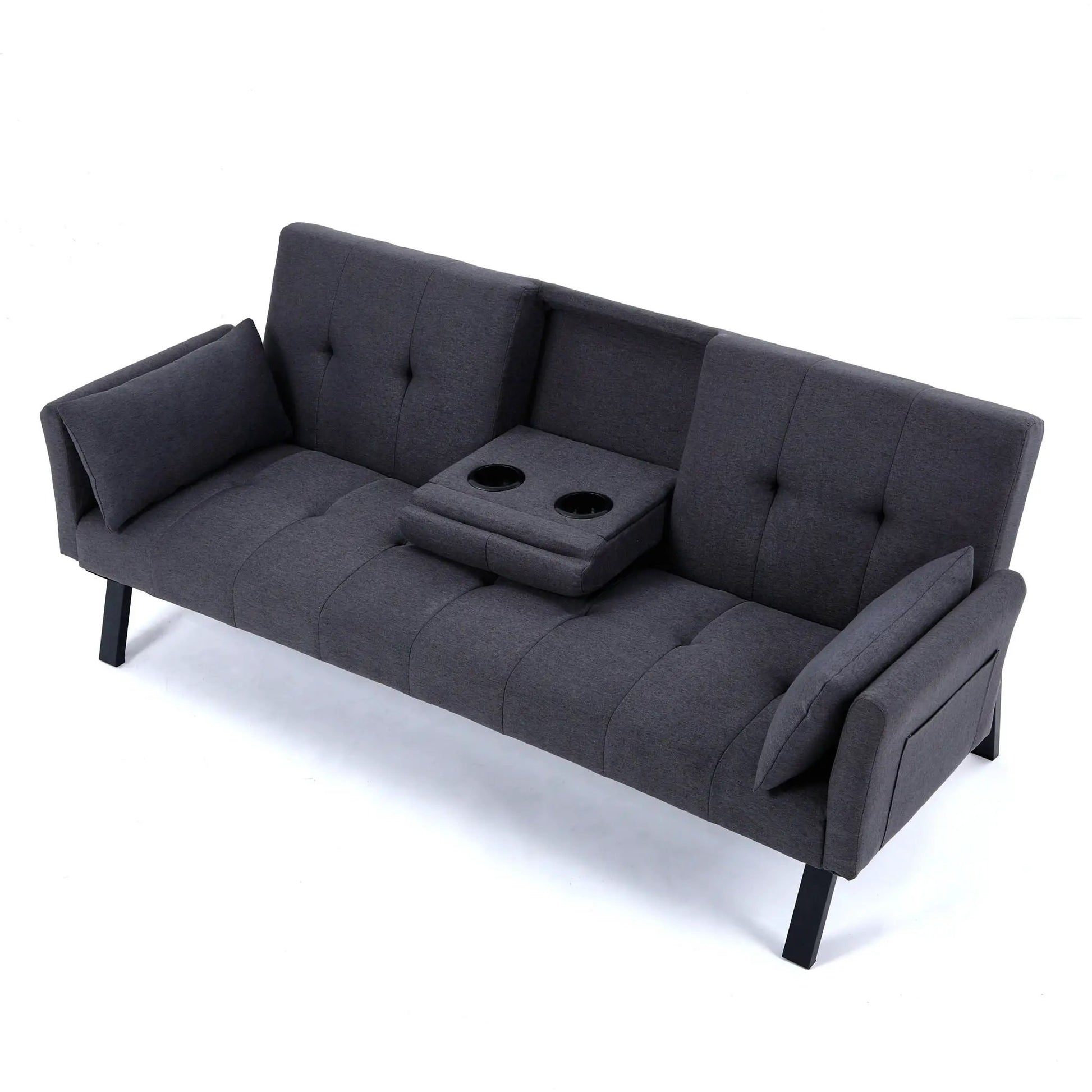 Sofa bed futon in dark gray fabric with foldable design and center cup holders on Tampa Home & Garden Store