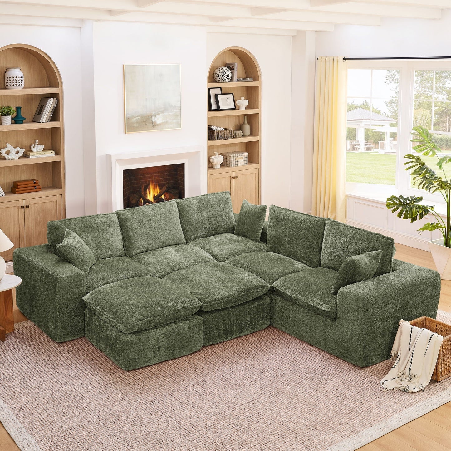 Sectional sofa with moveable ottoman, green fabric, 3-piece living room set on Tampa Home & Garden Store
