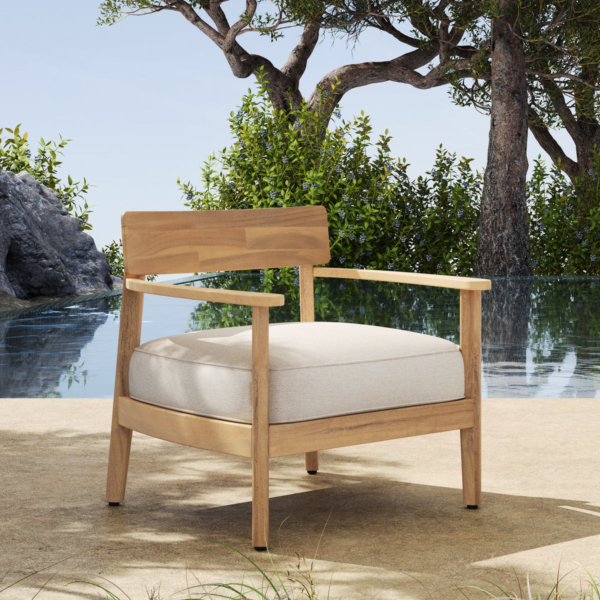 Mallorca Acacia Wood Outdoor Club Chair with beige seat cushion natural finish by HouseOfZazla on Tampa Home & Garden Store