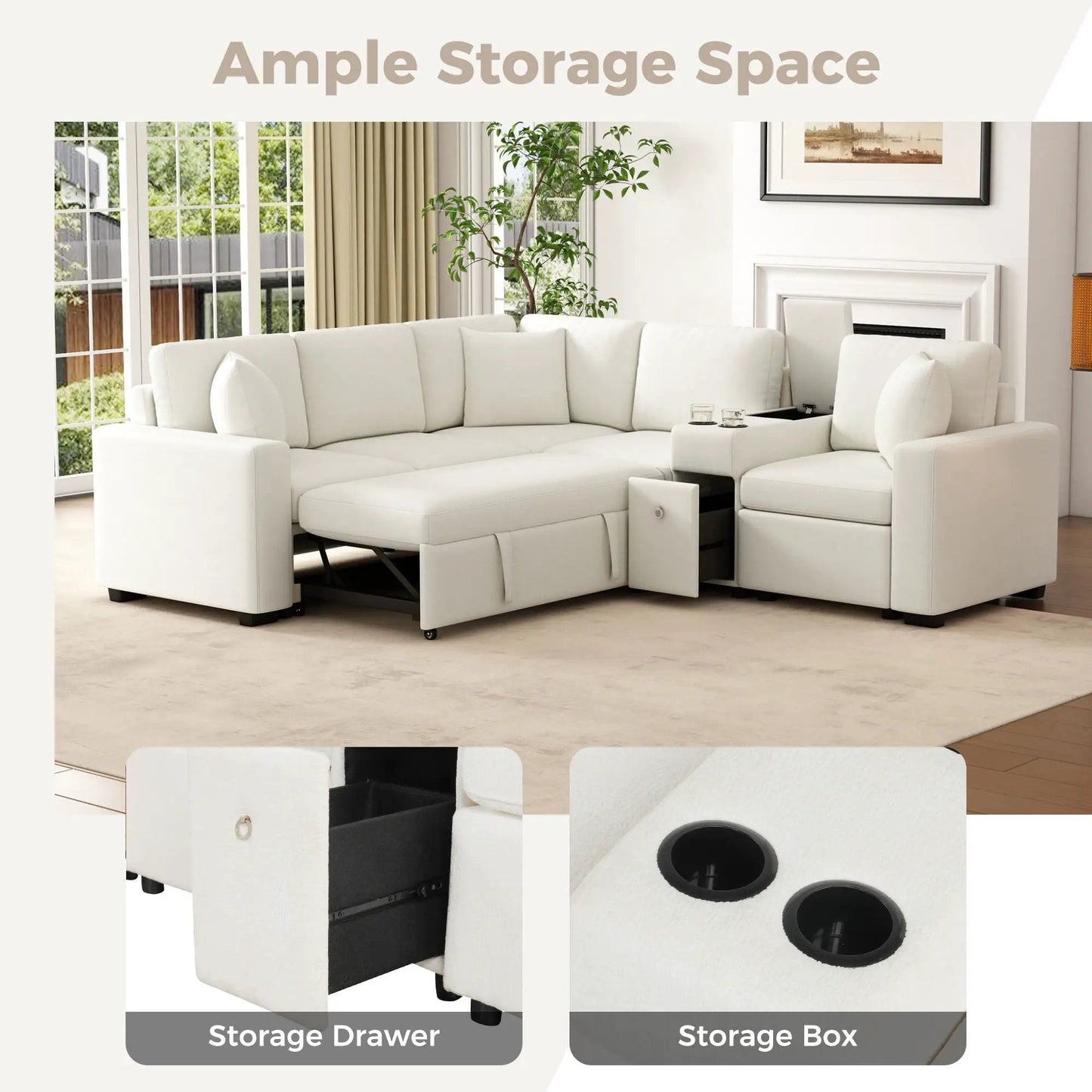 Modular L-shaped sleeper sofa bed in white faux leather with pull-out, cup holders, storage on Tampa Home & Garden Store
