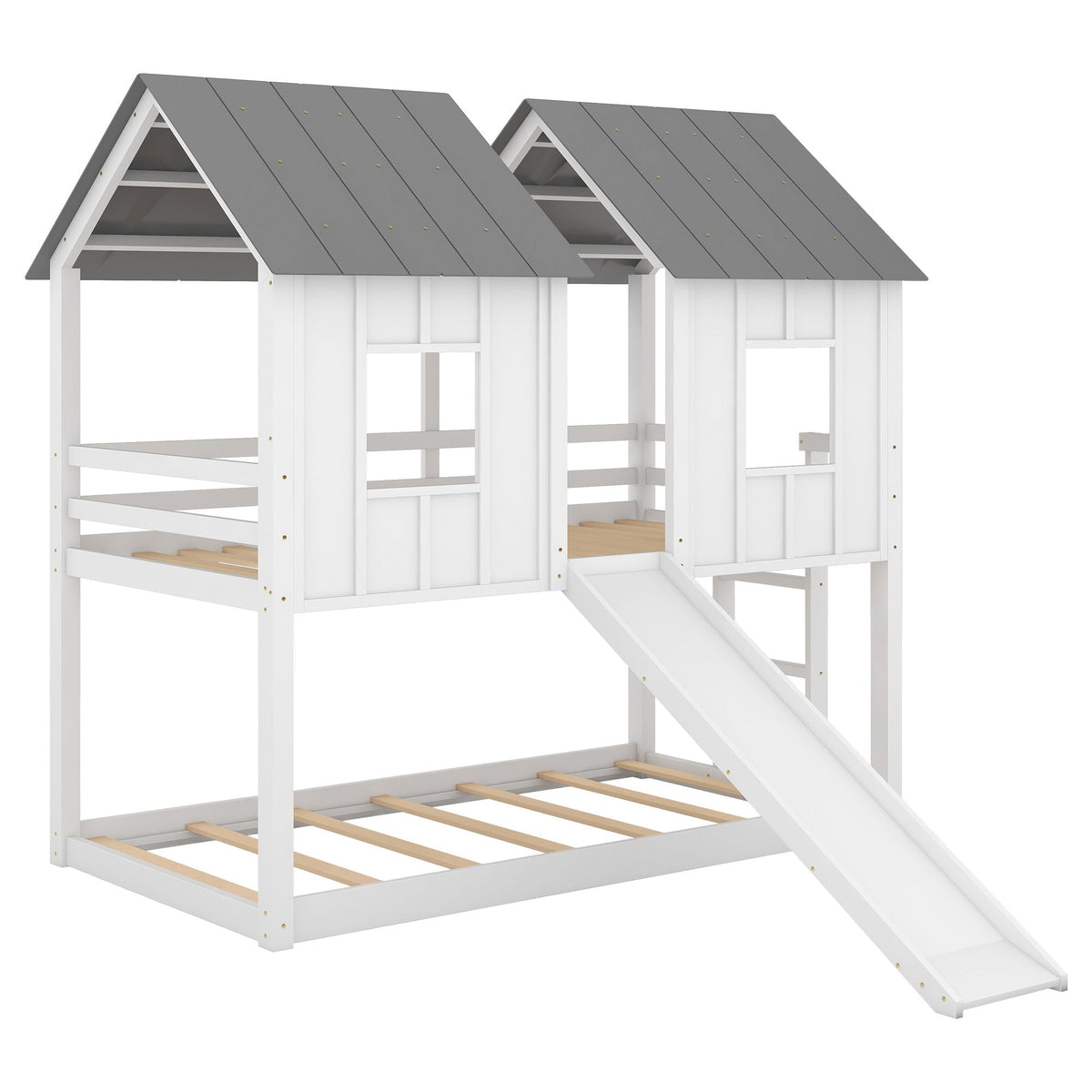 Twin over twin house bunk bed with slide and windows, white frame gray roof HouseOfZazla on Tampa Home & Garden Store