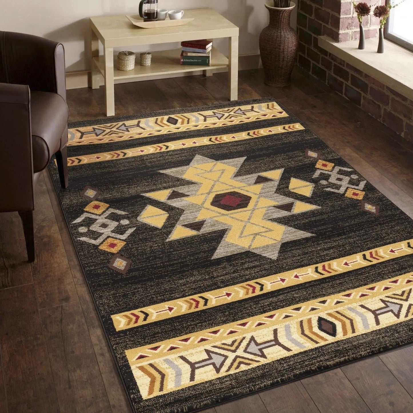 Tribes GC_YLS4004 Southwest Area Rug black field with yellow tan geometric motifs border on Tampa Home & Garden Store