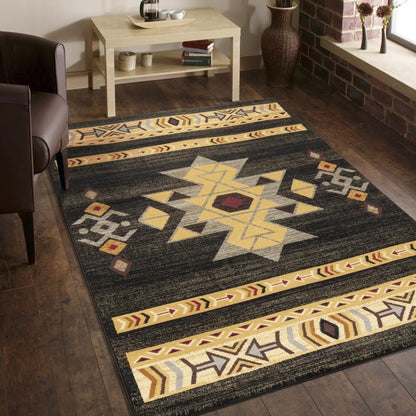 Tribes GC_YLS4004 Southwest Area Rug black field with yellow tan geometric motifs border on Tampa Home & Garden Store