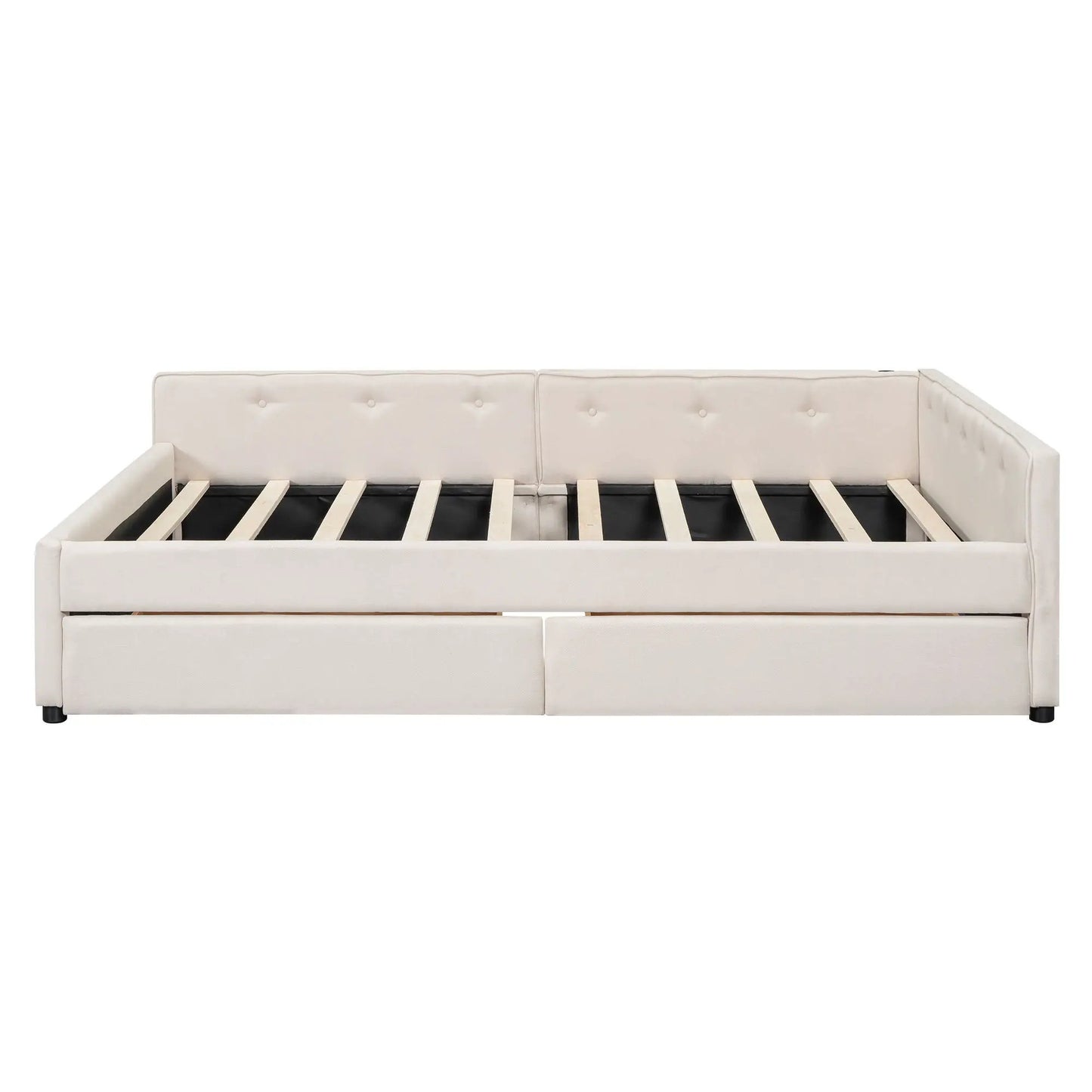 Platform bed with USB ports, beige tufted fabric, built-in storage drawers, slat base on Tampa Home & Garden Store