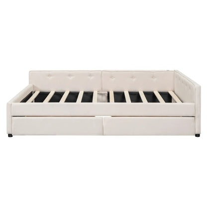 Platform bed with USB ports, beige tufted fabric, built-in storage drawers, slat base on Tampa Home & Garden Store