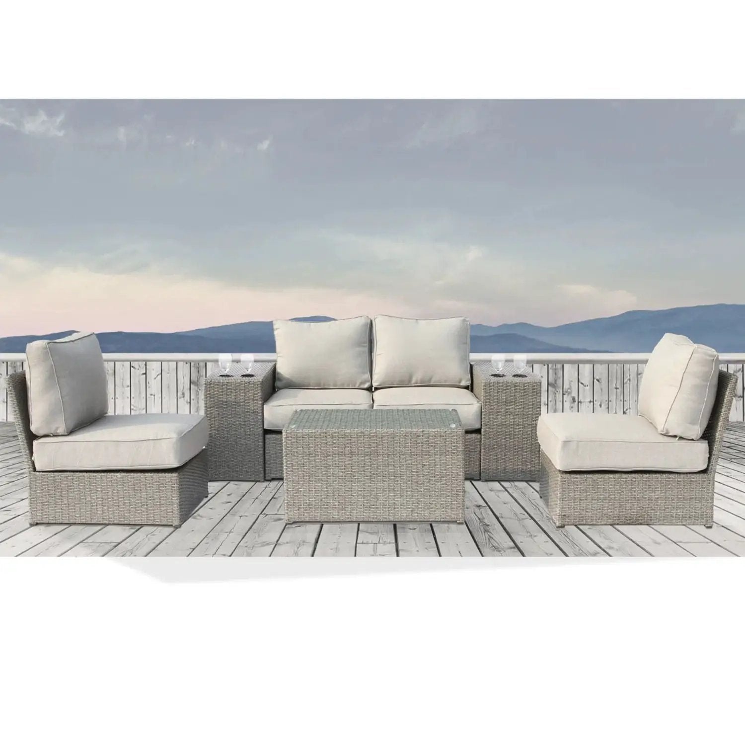 Stylish modular wicker patio seating group with light gray cushions, 4-piece outdoor set on Tampa Home & Garden Store