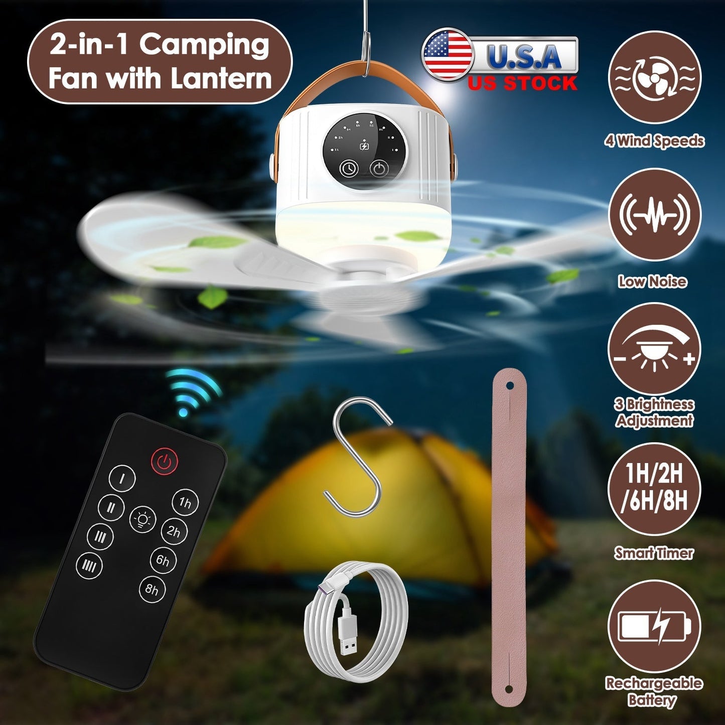 Rechargeable Tent Ceiling Fan with LED Light by GemGear, white camping fan with remote on Tampa Home & Garden Store