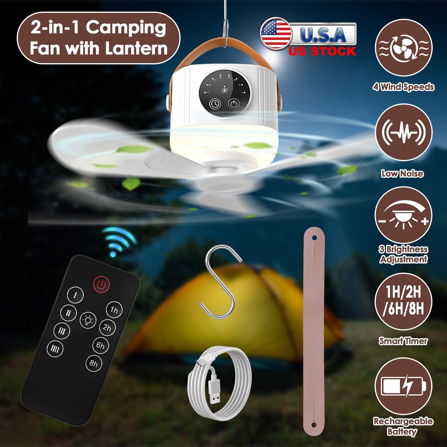 Rechargeable Tent Ceiling Fan with LED Light by GemGear, white camping fan with remote on Tampa Home & Garden Store