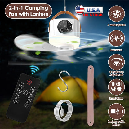 Rechargeable Tent Ceiling Fan with LED Light by GemGear, white camping fan with remote on Tampa Home & Garden Store