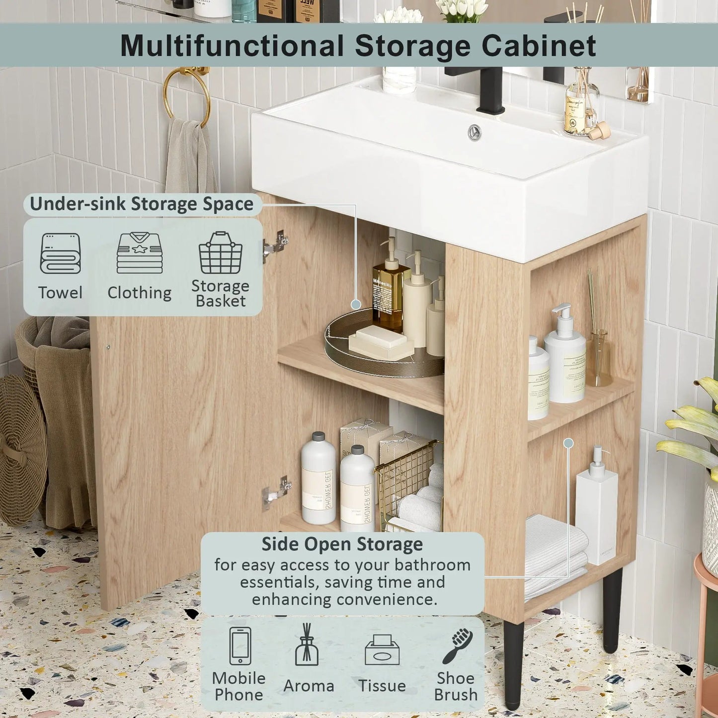Bathroom vanity with white ceramic sink, black faucet, and under-sink storage on Tampa Home & Garden Store