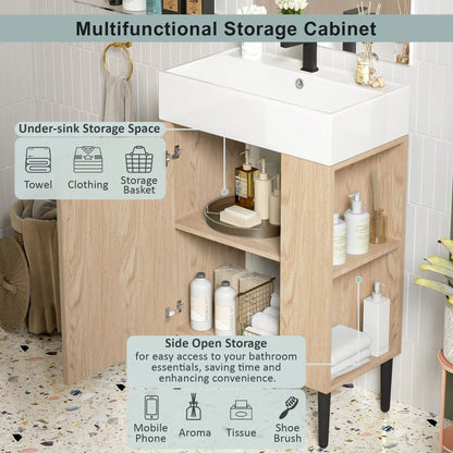 Bathroom vanity with white ceramic sink, black faucet, and under-sink storage on Tampa Home & Garden Store