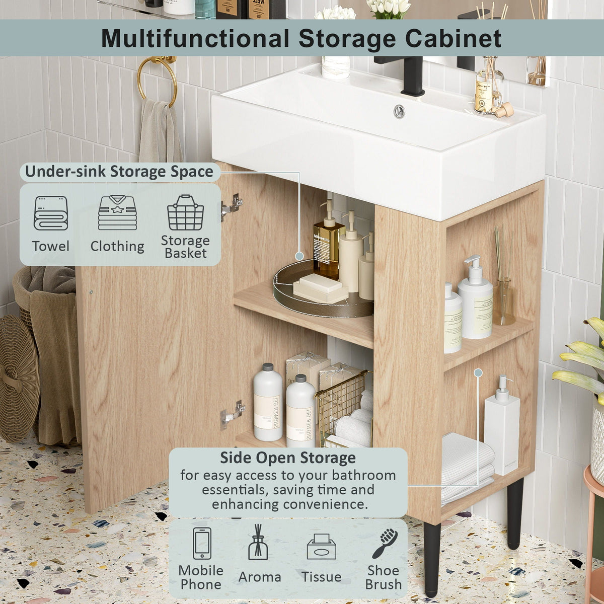 HouseOfZazla bathroom vanity with white ceramic single sink, light wood cabinet and storage on Tampa Home & Garden Store