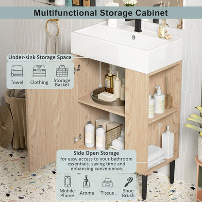 HouseOfZazla bathroom vanity with white ceramic single sink, light wood cabinet and storage on Tampa Home & Garden Store