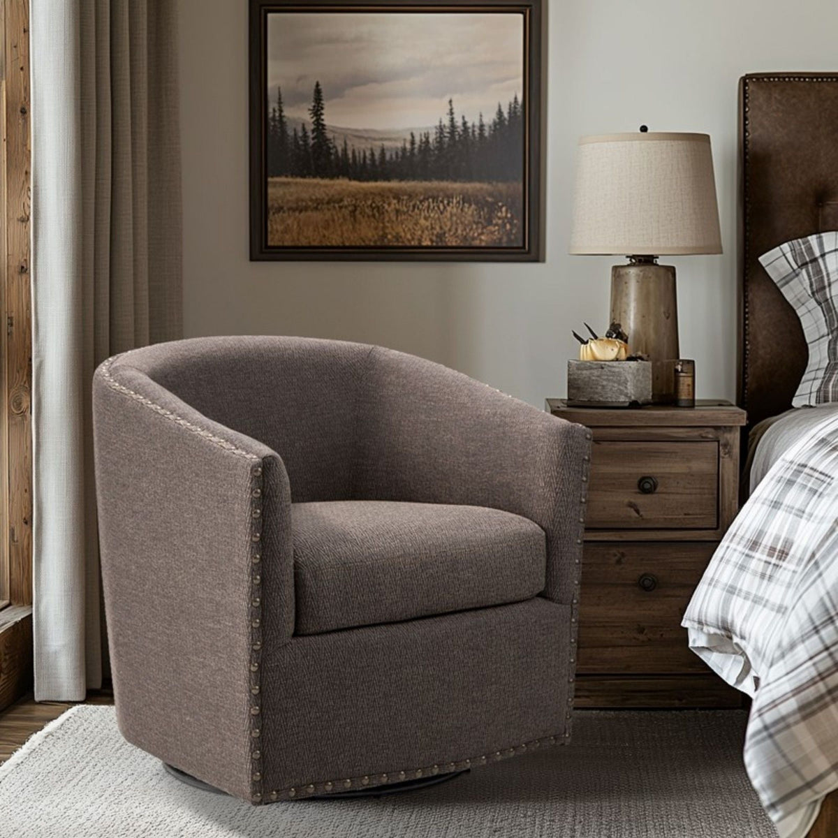 Pearl silver swivel chair with nailhead trim, 360-degree rotation in a bedroom on Tampa Home & Garden Store