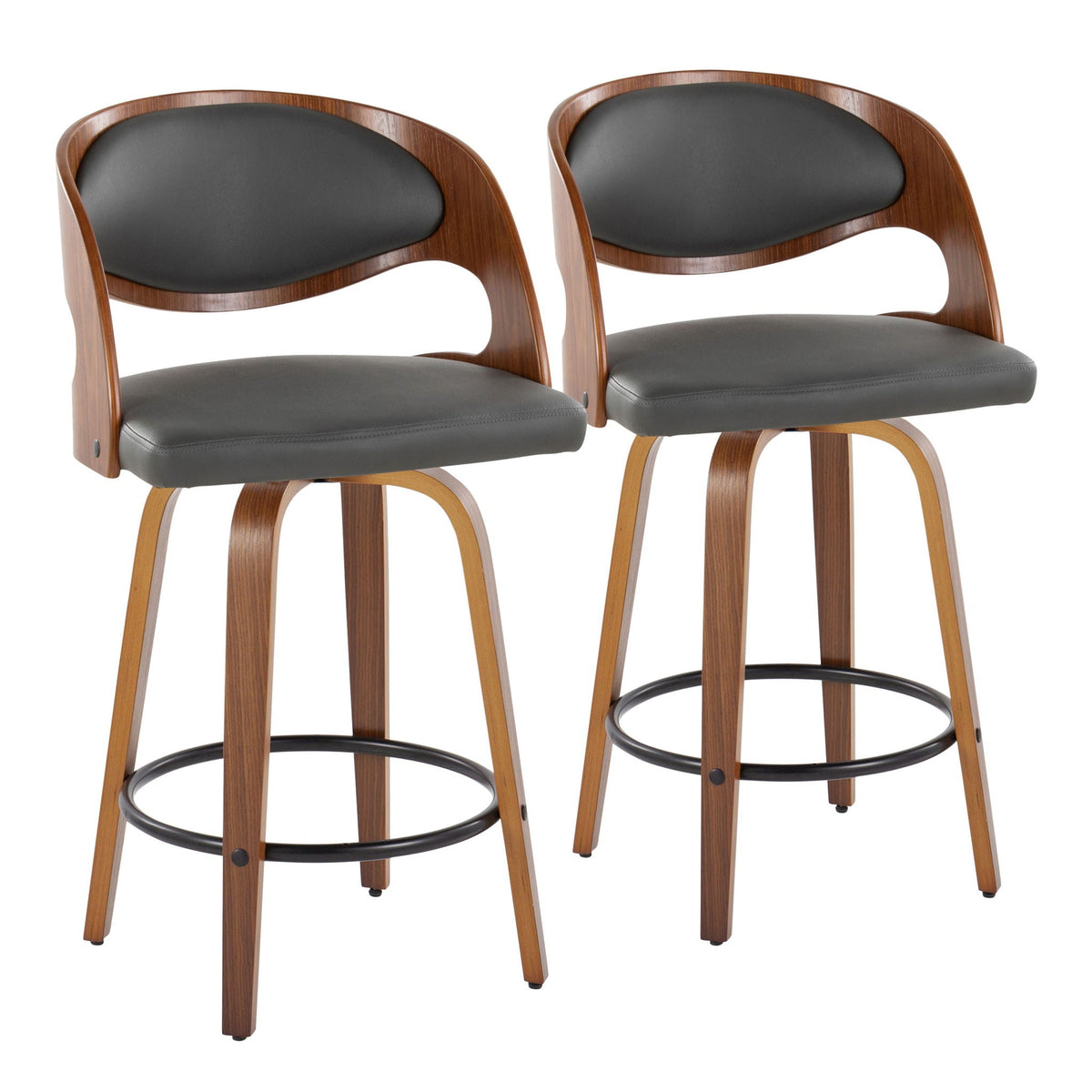 Pino mid-century swivel barstools, set of 2 with wood frame and black upholstery on Tampa Home & Garden Store