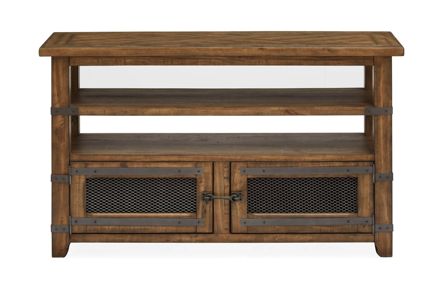 Chesterfield Sofa Table brown wood with metal brackets and mesh doors by Unique Piece Furniture on Tampa Home & Garden Store