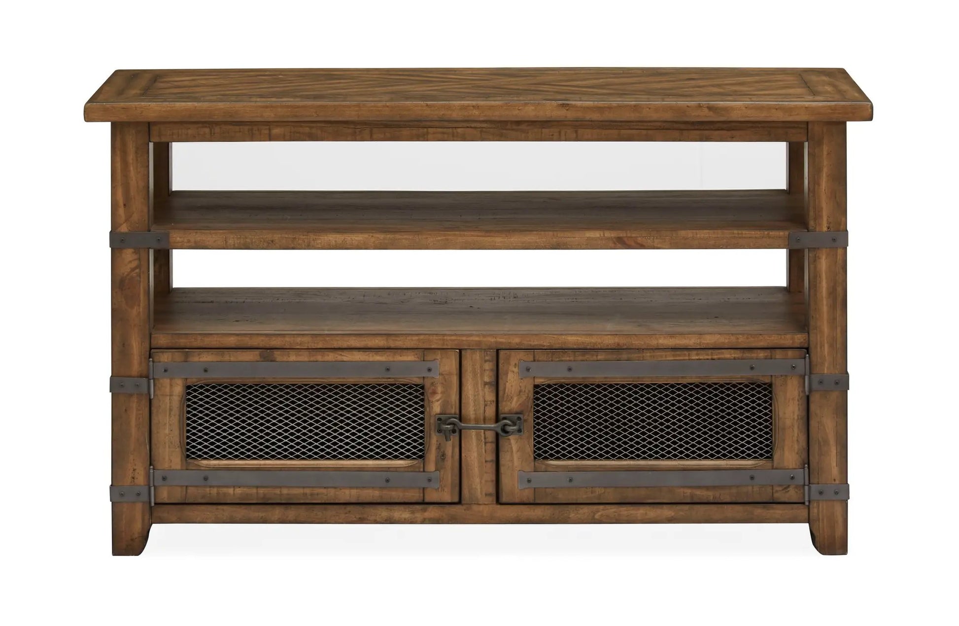 Chesterfield Sofa Table brown wood with metal brackets and mesh doors by Unique Piece Furniture on Tampa Home & Garden Store