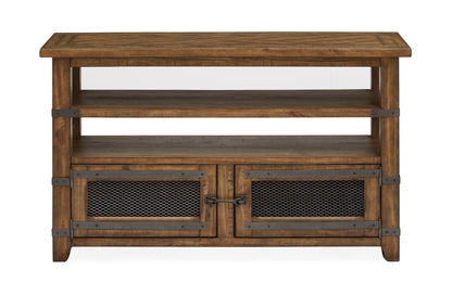 Chesterfield Sofa Table brown wood with metal brackets and mesh doors by Unique Piece Furniture on Tampa Home & Garden Store