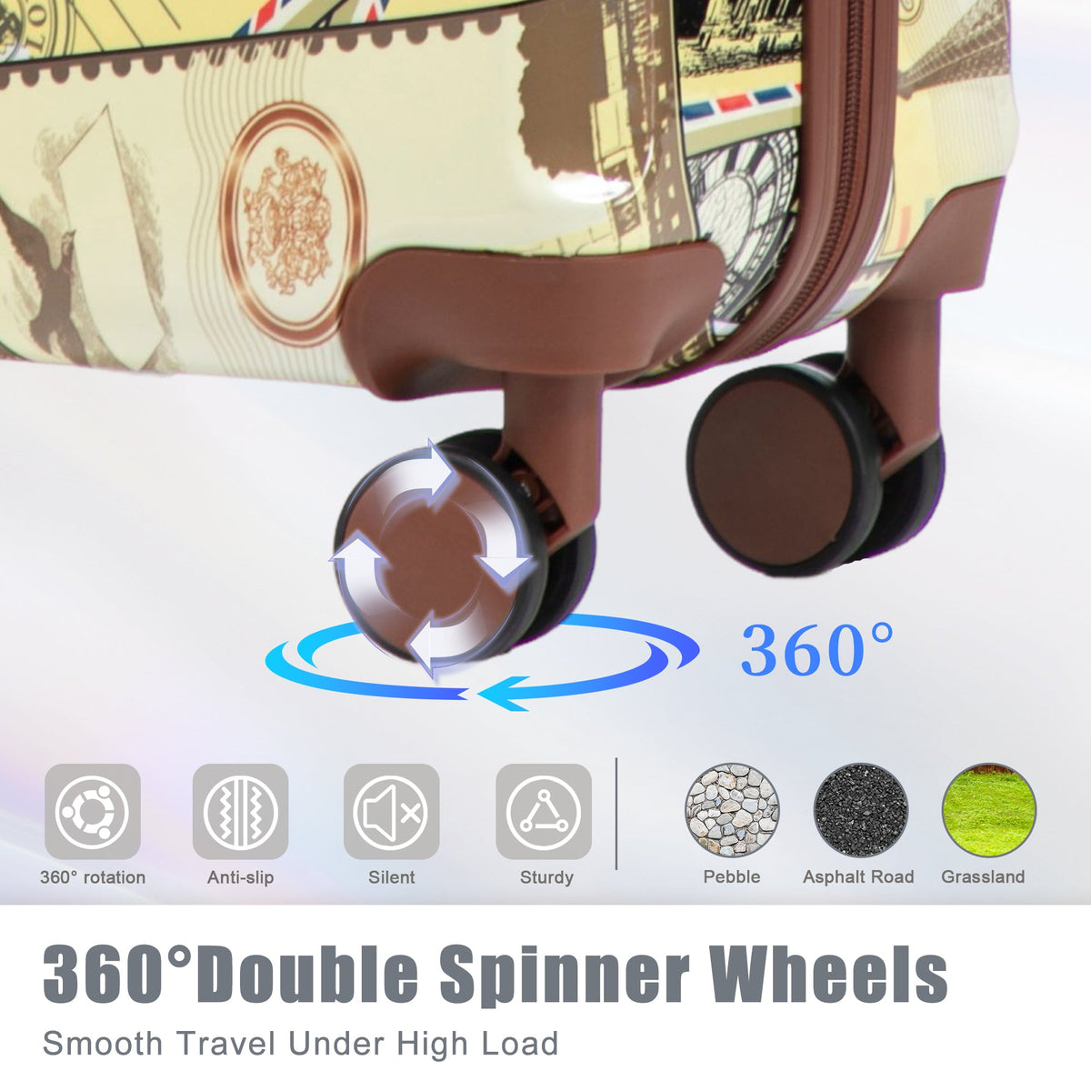 3-Piece PC Spinner Wheel Luggage Set by HouseOfZazla with printed pattern; closeup of brown wheels on Tampa Home & Garden Store