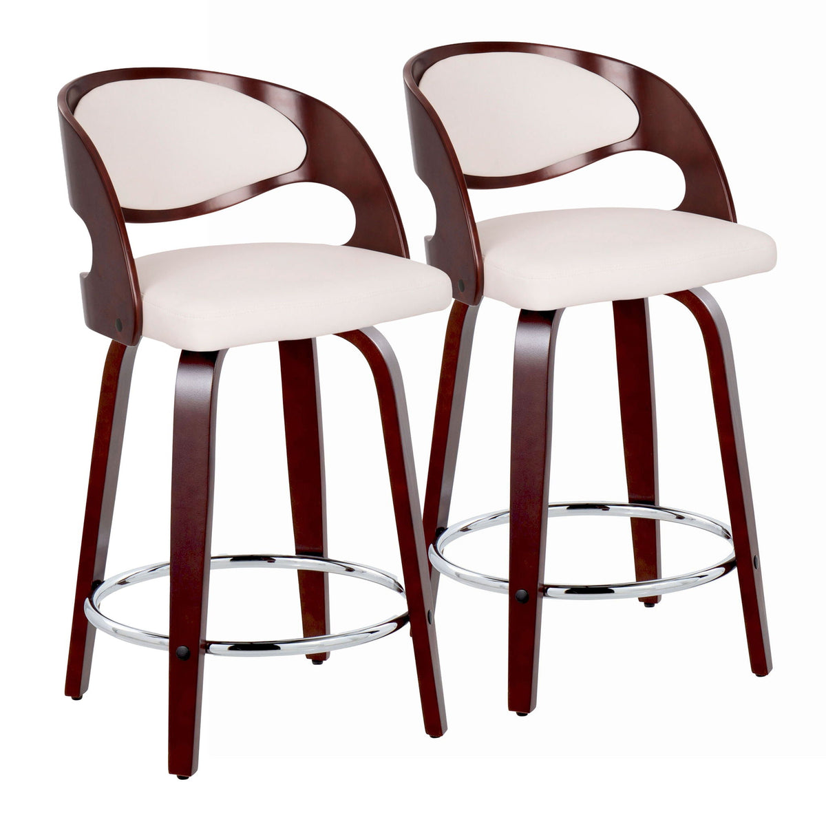 Pino mid-century barstools set of 2, dark wood frames, cream cushions, chrome foot rings on Tampa Home & Garden Store