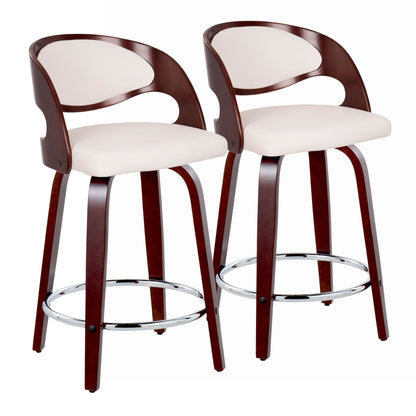 Pino mid-century barstools set of 2, dark wood frames, cream cushions, chrome foot rings on Tampa Home & Garden Store