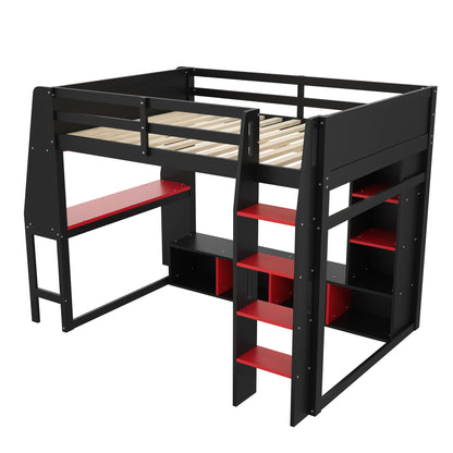 Pair of Loft Beds with Desk by HouseOfZazla, black metal frames with red shelves and slats on Tampa Home & Garden Store