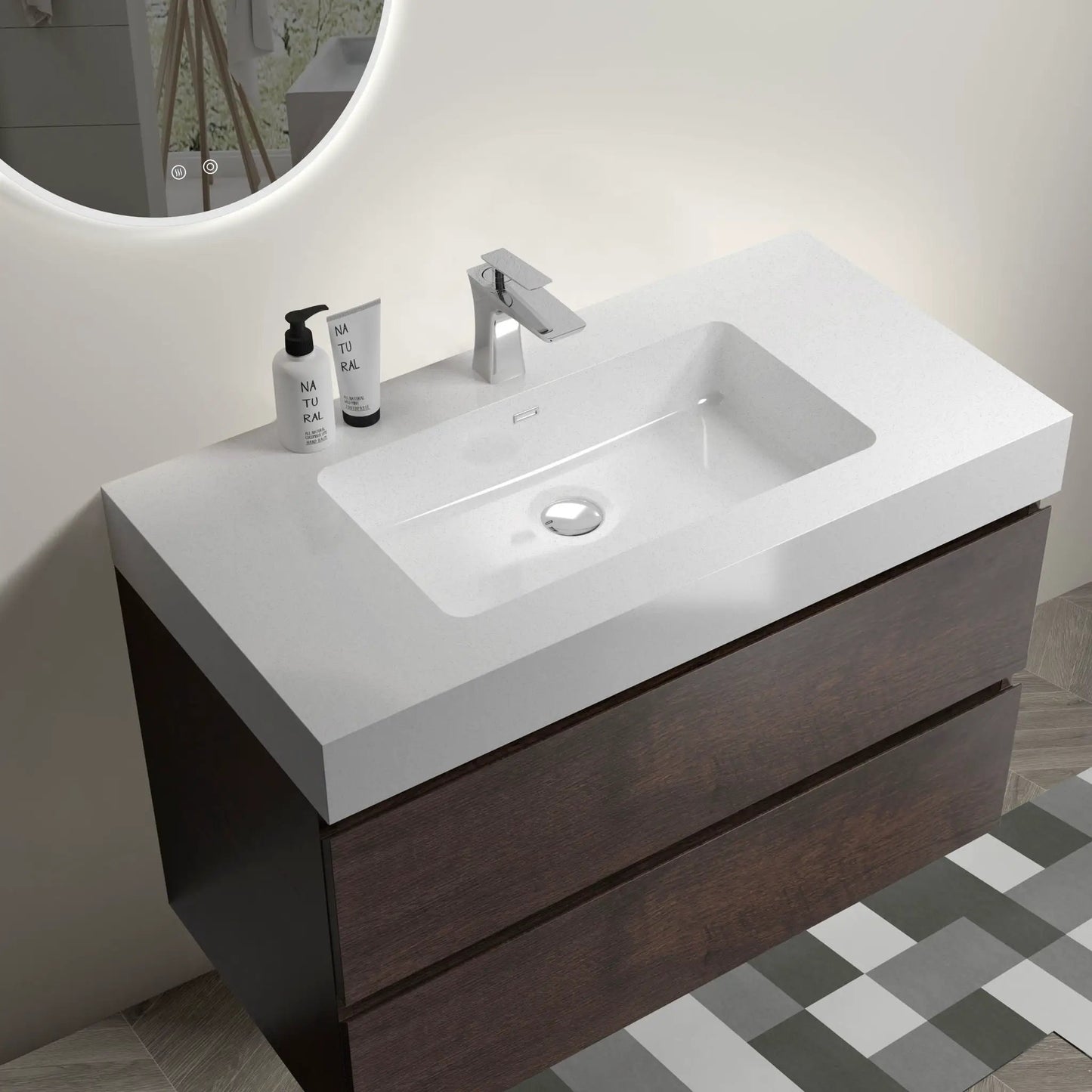 Alice wall-mounted vanity with one-piece sink, dark wood drawers, chrome faucet, LED mirror on Tampa Home & Garden Store