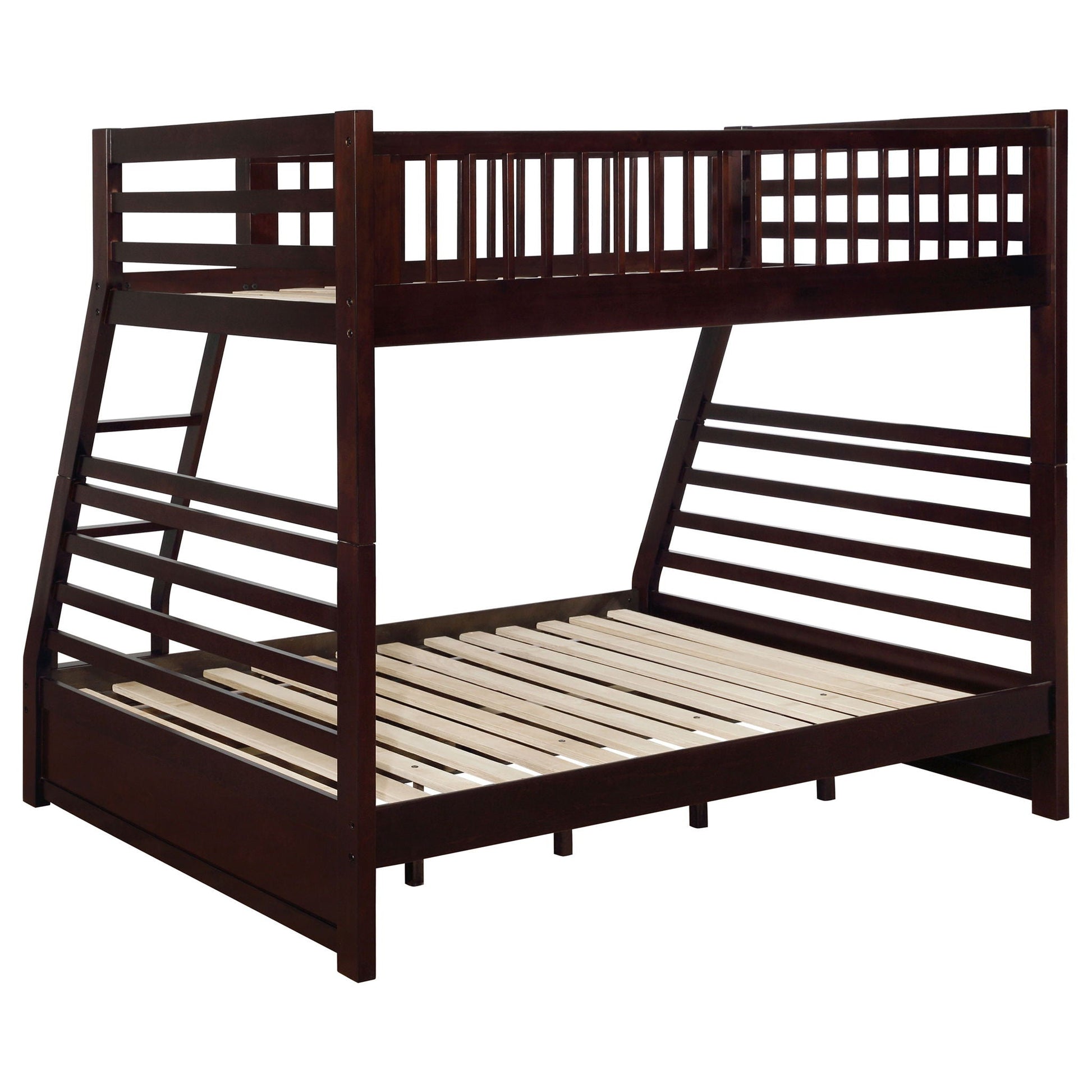 Newhall bunk bed with 2 drawers in dark espresso wood, left ladder, slatted rails on Tampa Home & Garden Store