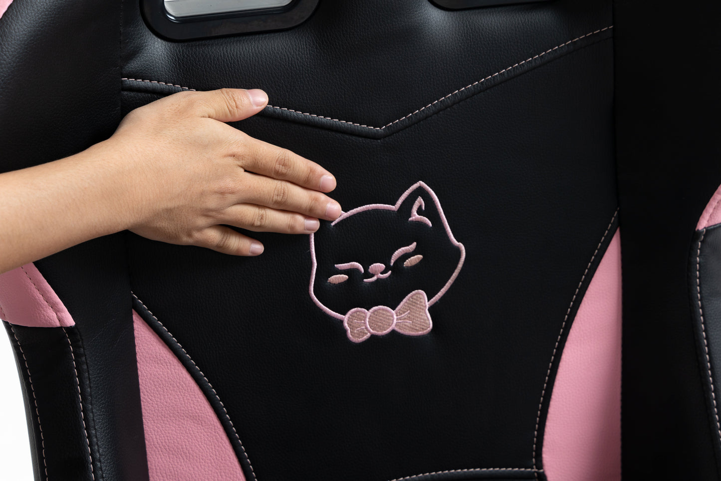 Cute Cat Gaming Chair by HouseOfZazla in black and pink leather with paw lumbar cushion on Tampa Home & Garden Store