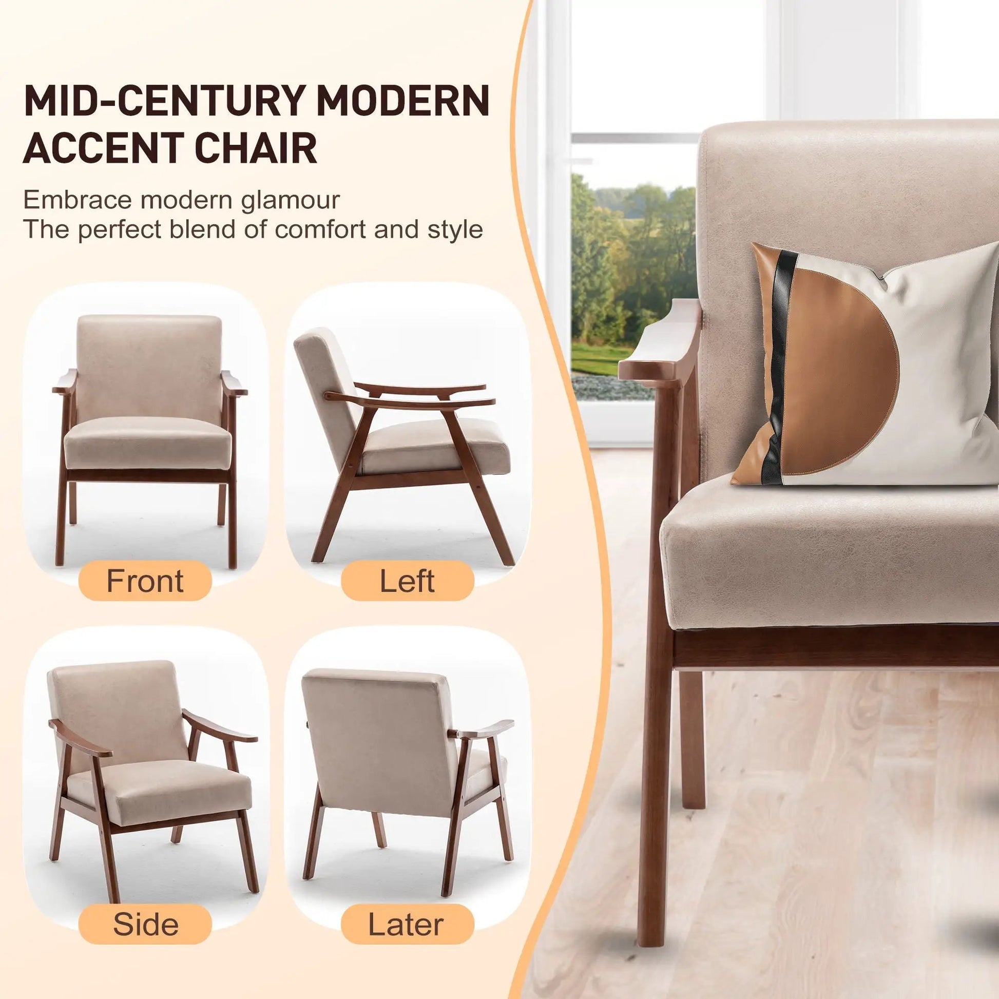 Mid Century Modern Accent Chair with solid wood frame and beige upholstery on Tampa Home & Garden Store
