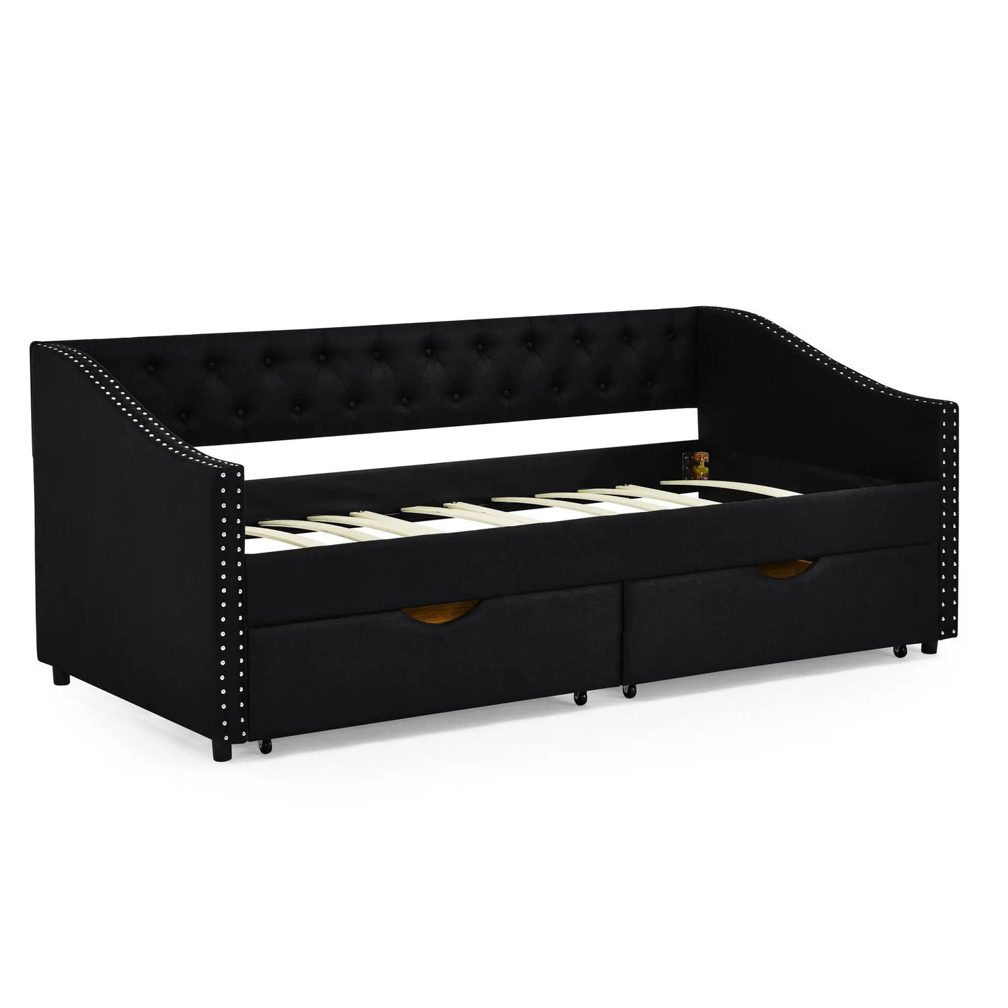 Upholstered tufted daybed with 2 drawers in black fabric by Unique Piece Furniture on Tampa Home & Garden Store