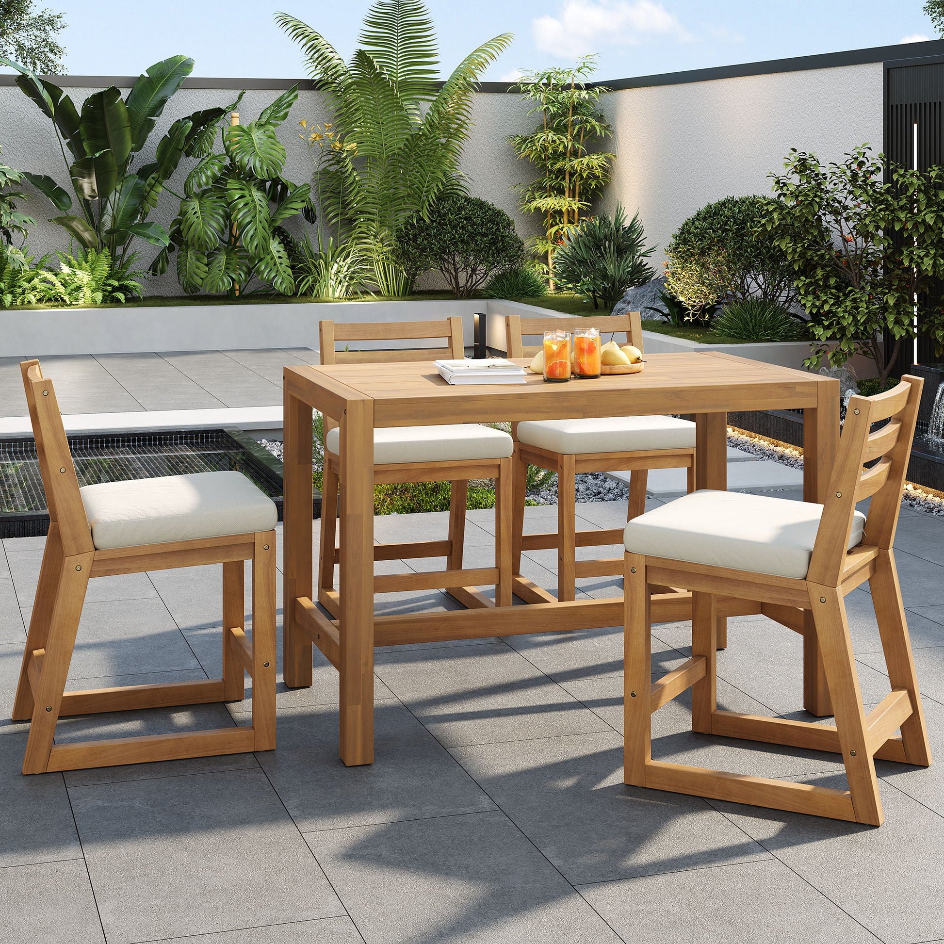 Patio Bar Set with Ergonomic Chairs, 5-Piece Natural Wood Outdoor Furniture HouseOfZazla on Tampa Home & Garden Store
