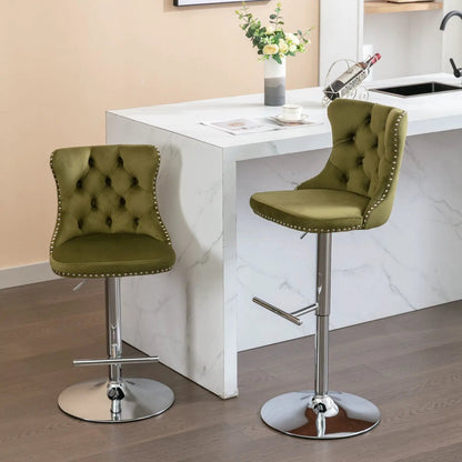 Set of 2 olive green tufted swivel bar stools with backs, adjustable height 25-33 in, chrome pedestal bases on Tampa Home & Garden Store