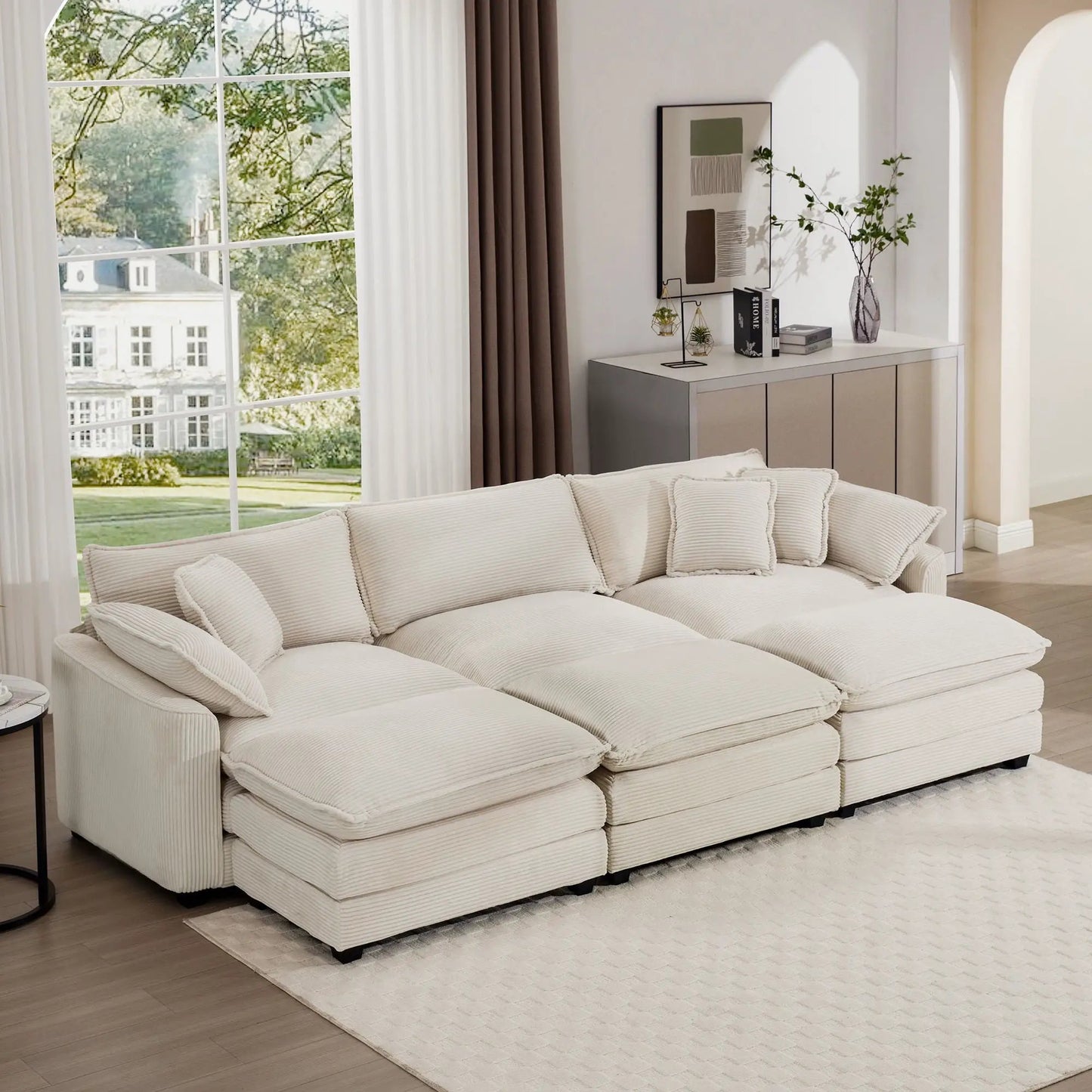 Modern oversized modular cushion sofa with ottoman in cream fabric, deep seating, low back on Tampa Home & Garden Store