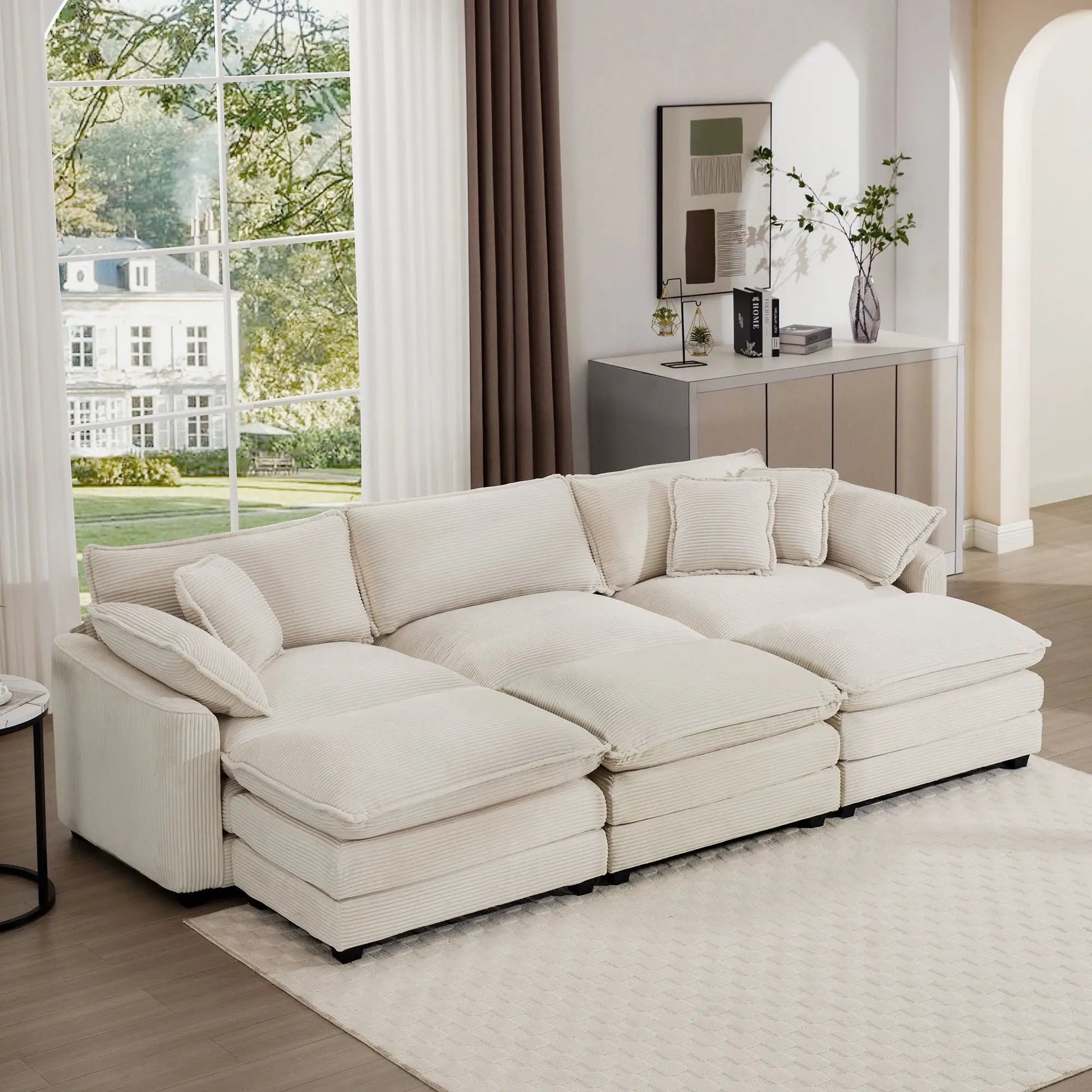 Modern oversized modular cushion sofa with ottoman in cream fabric, deep seating, low back on Tampa Home & Garden Store