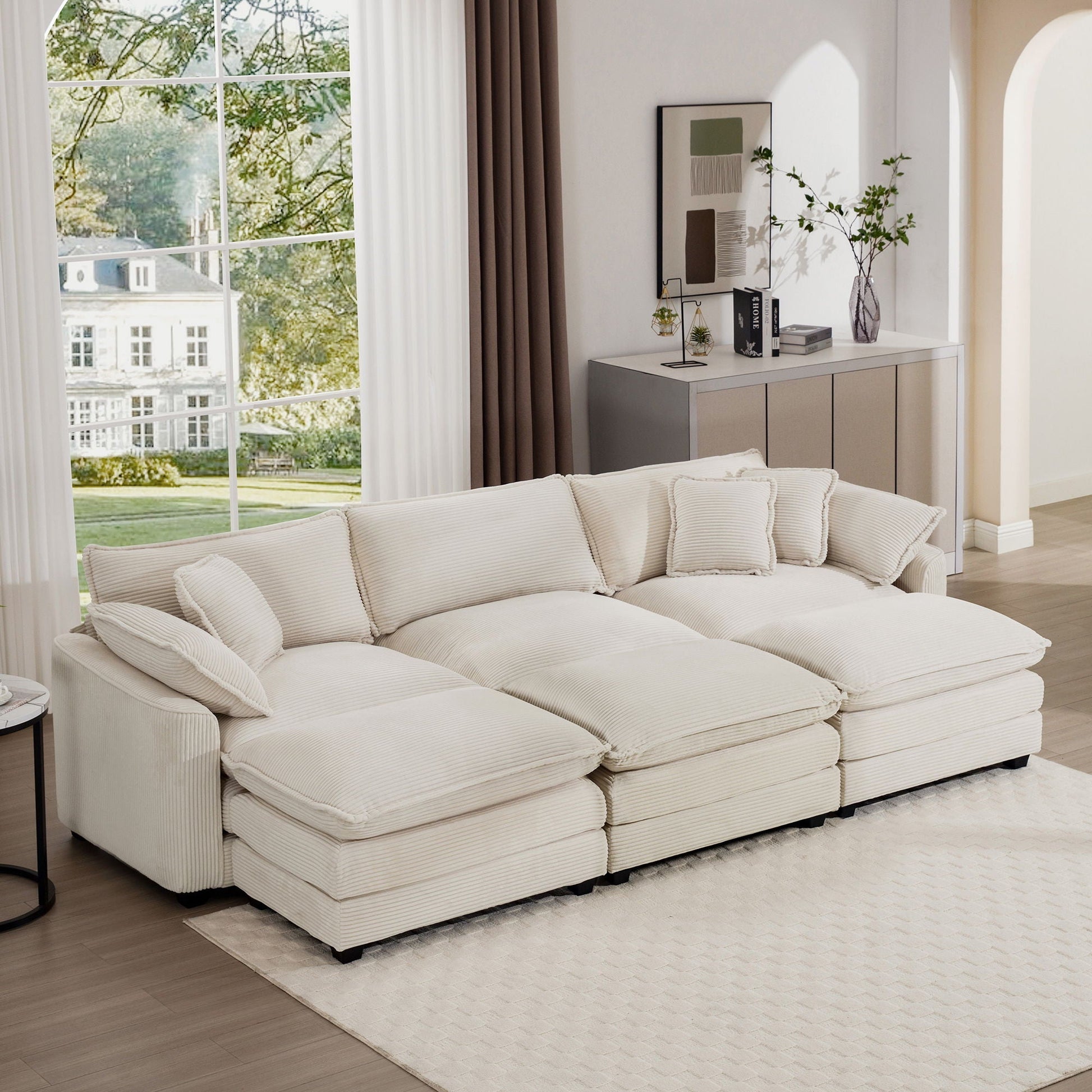 HouseOfZazla oversized modular cushion sofa with ottoman in cream, low back, 2-piece set on Tampa Home & Garden Store