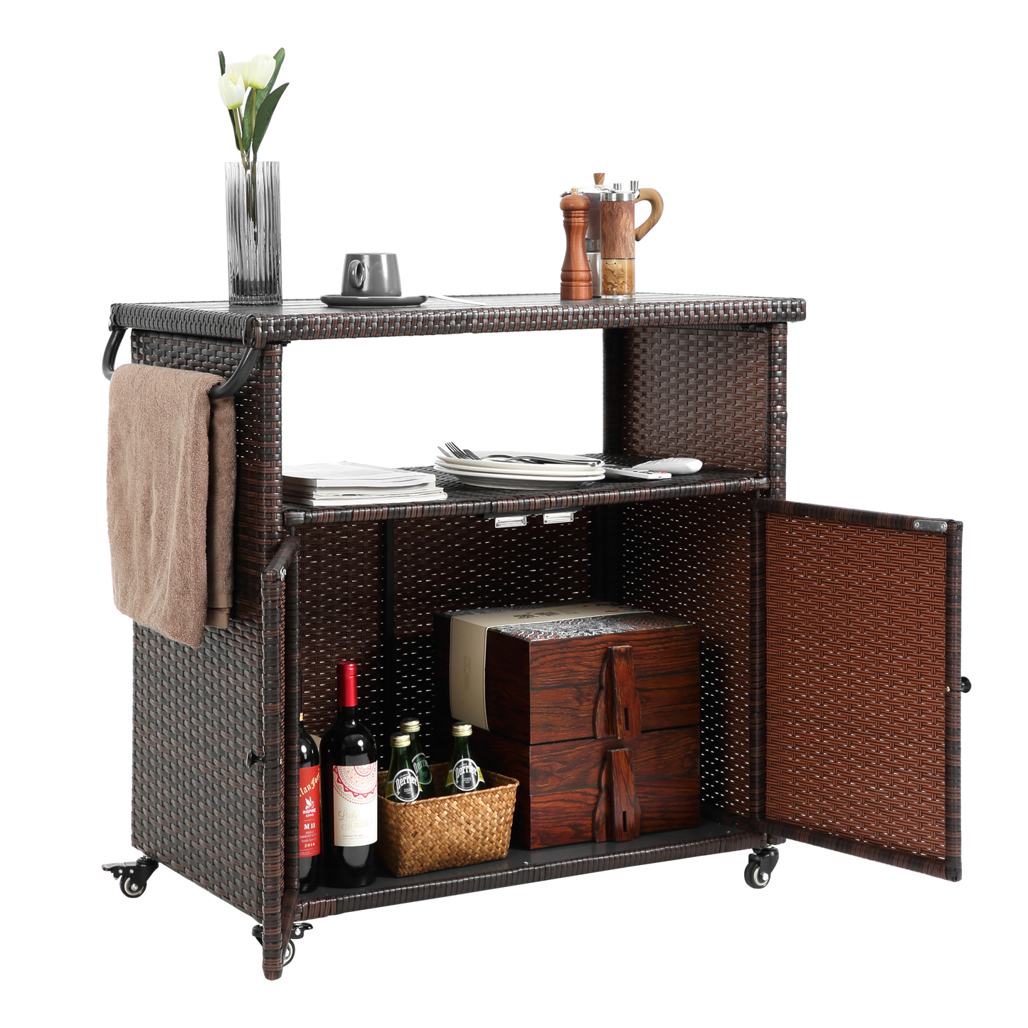 Outdoor Wicker Bar Cart with Glass Top and Wheels by HouseOfZazla - light brown wicker, rolling outdoor dining cart on Tampa Home & Garden Store