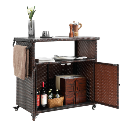 Outdoor Wicker Bar Cart with Glass Top and Wheels by HouseOfZazla - light brown wicker, rolling outdoor dining cart on Tampa Home & Garden Store