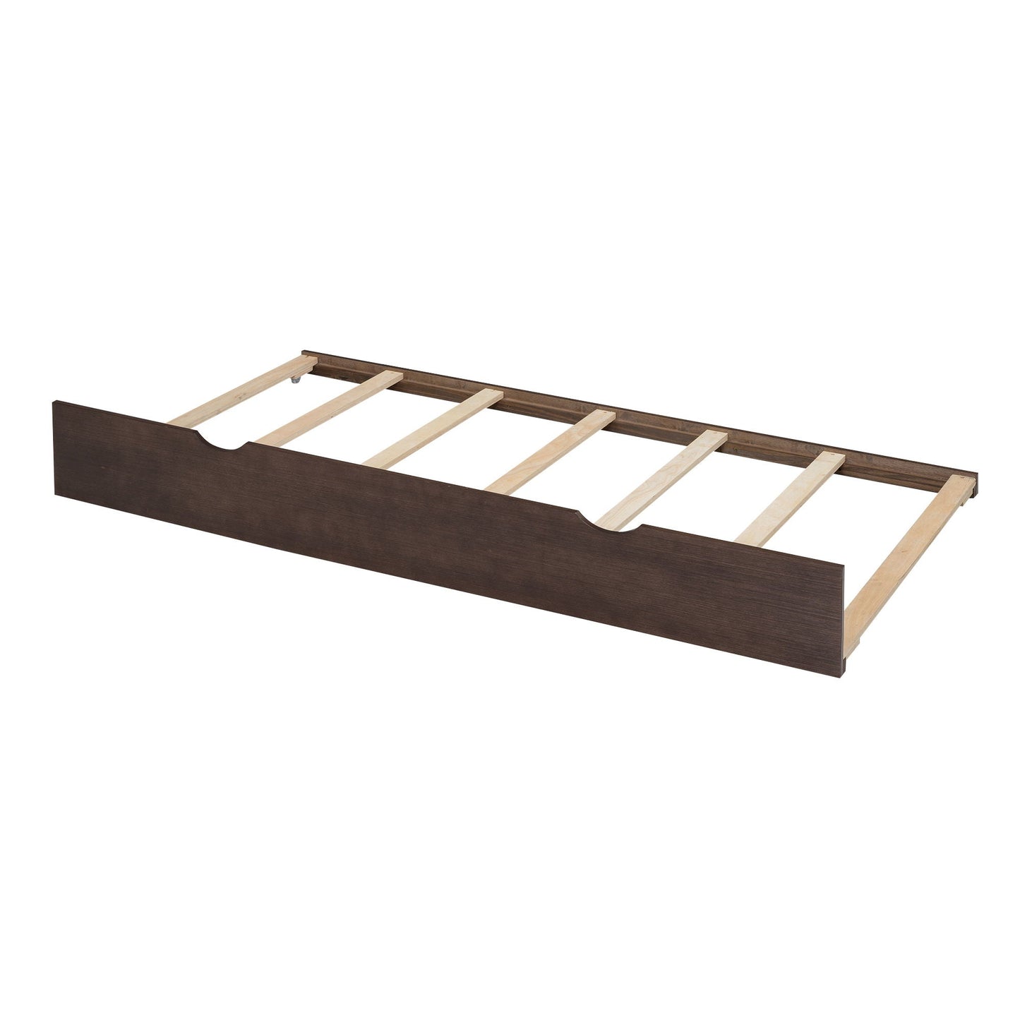 Storage platform bed frame in dark brown with light wood slats and a curved footboard on Tampa Home & Garden Store