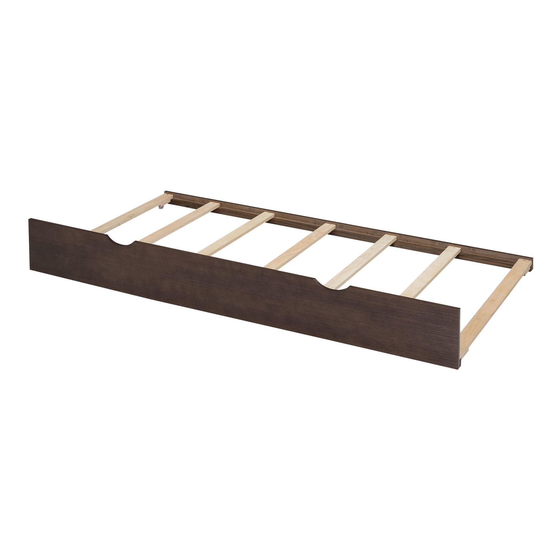 Storage platform bed frame in dark brown with light wood slats and a curved footboard on Tampa Home & Garden Store
