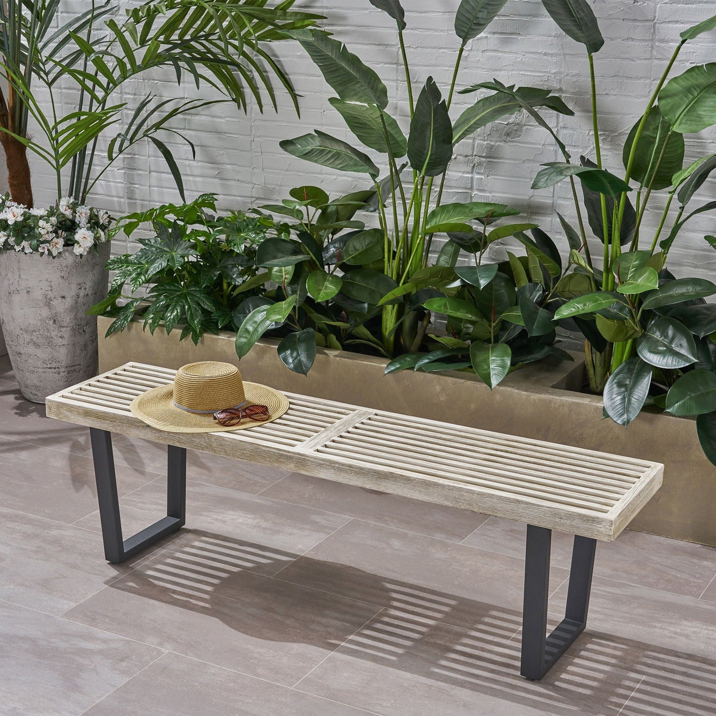 Intrinsic Outdoor Dining Bench With Slat Top by HouseOfZazla in weathered wood on Tampa Home & Garden Store