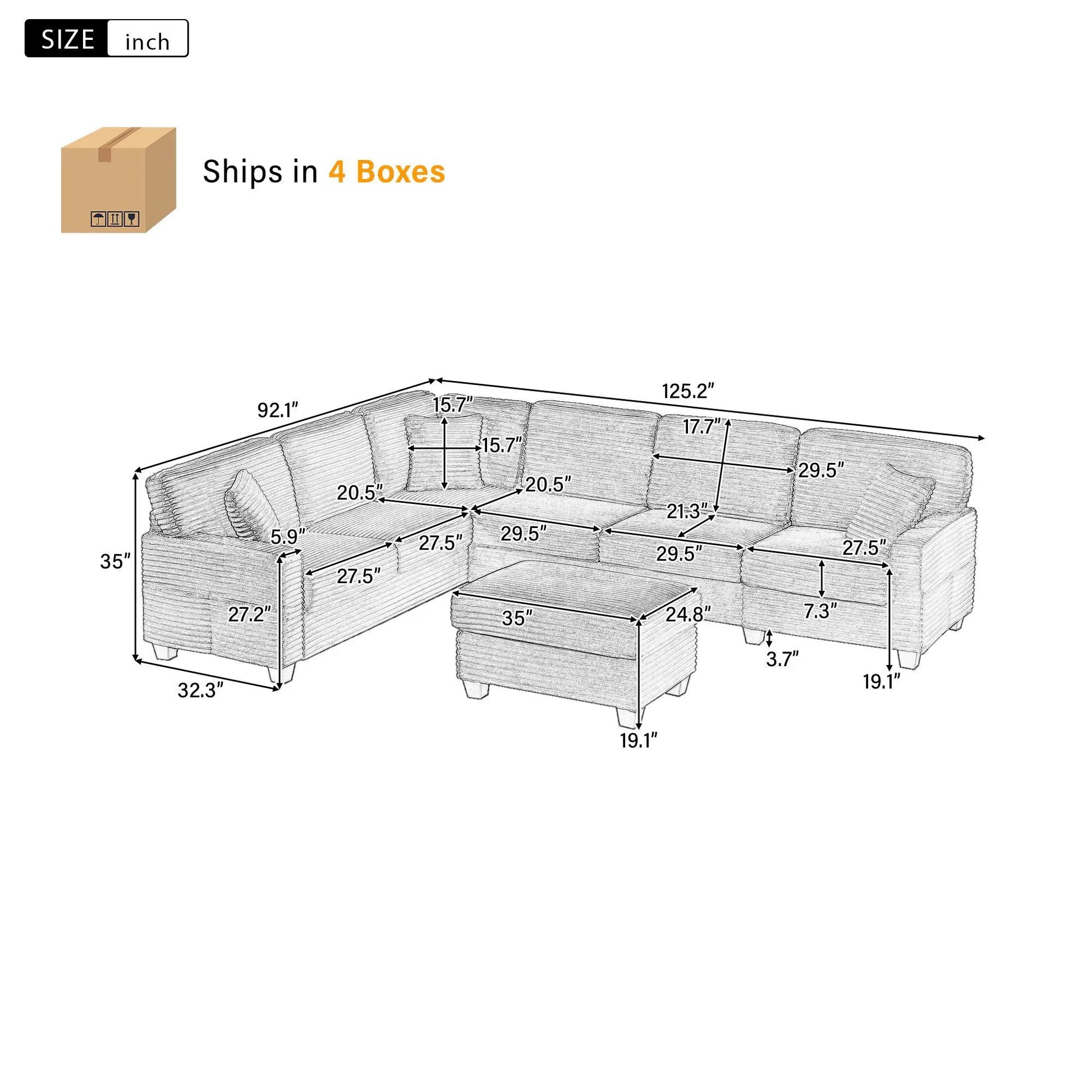Upholstered U-shaped sectional sofa with movable ottoman and side pockets, 2-piece set on Tampa Home & Garden Store