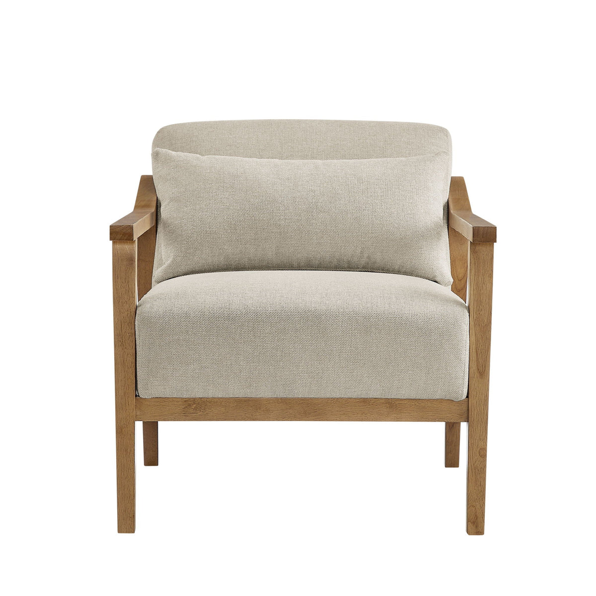 Arm accent chair with lumbar pillow in beige fabric and natural wood arms on Tampa Home & Garden Store