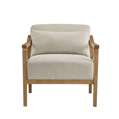 Arm accent chair with lumbar pillow in beige fabric and natural wood arms on Tampa Home & Garden Store