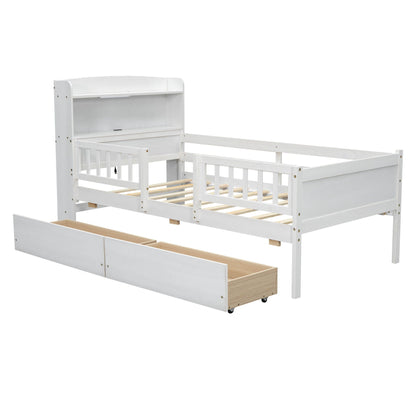 White wooden storage platform bed with guard rail and two under-bed drawers on Tampa Home & Garden Store