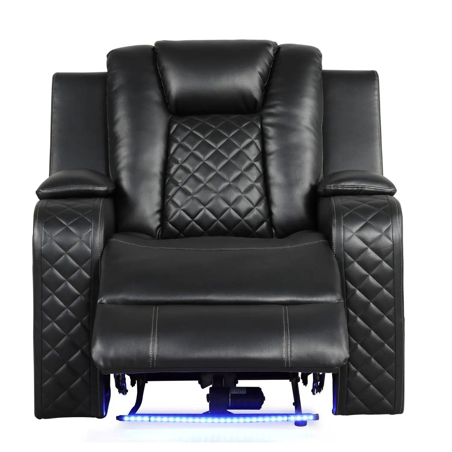Benz LED power recliner chair with adjustable headrest in black leather and quilted panels on Tampa Home & Garden Store