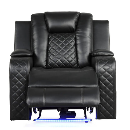 Benz LED power recliner chair with adjustable headrest in black leather and quilted panels on Tampa Home & Garden Store